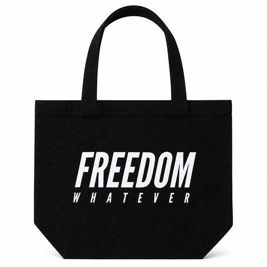 Freedom Taiwan 限量版 Olympia Club 黑色帆布托特包，正面印有白色「FREEDOM WHATEVER」字樣。